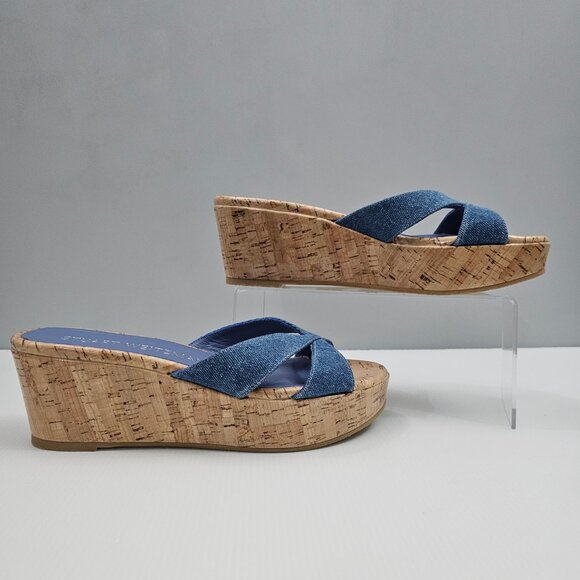 NEW Stuart Weitzman Carmen Midi Sandal Womens 8.5 Denim Cork Platform Wedge - Picture 3 of 12
